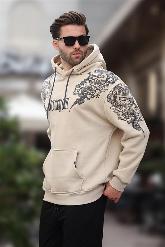 MDX Beige Hooded Pocket Detailed Printed Men's Sweatshirt 7052 - Little Rock