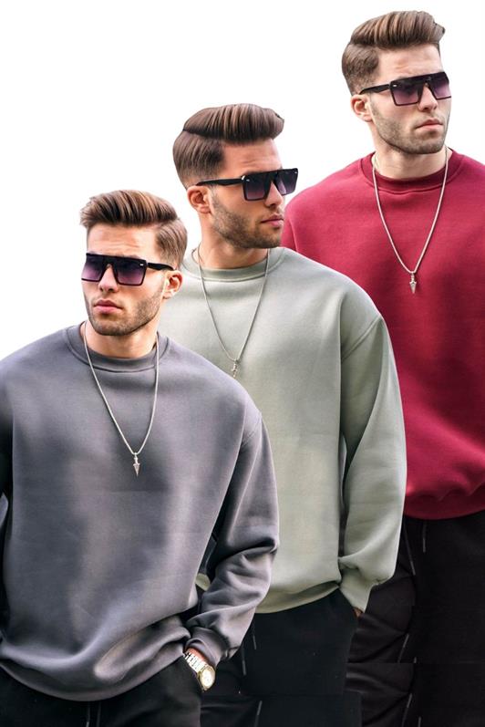 MDX Füme/MintYeşili/Bordo Bisiklet Yaka Oversize Şardonlu Basic Erkek 3'Lü Paket Sweatshirt E7448 - New Berlin