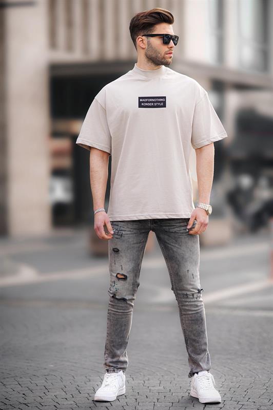 MDX Stone Color False Plain Oversize Men's T-shirt with Stand-up Collar 7005 - Gilbert
