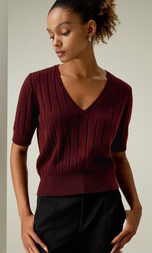 MDX Burgundy V-Neck Knitted Women's Sweater T-Shirt Mg2369 - Seraing