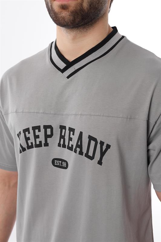 MDX Painted Gray V-Neck Printed Short Sleeve Overfit T-Shirt 7039 - Santurce-Antiguo