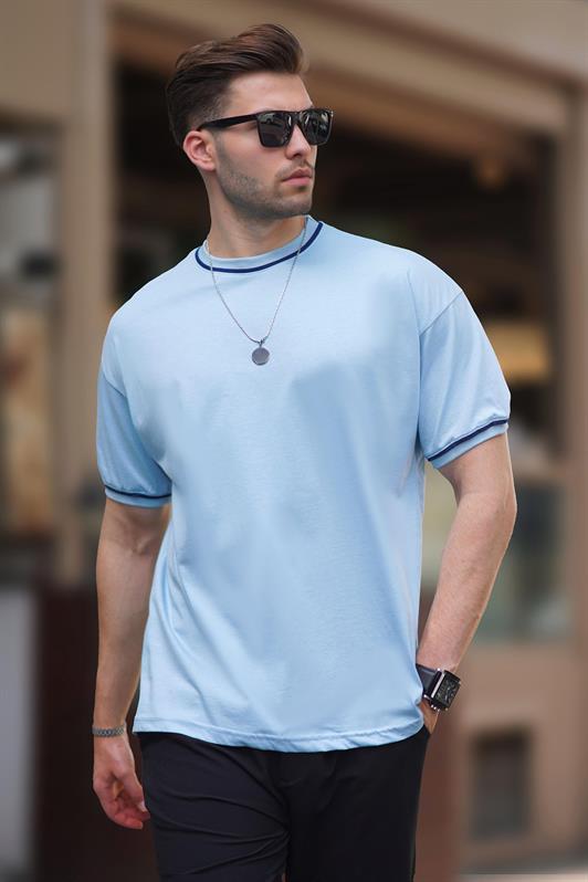 MDX Light Blue Bicycle Collar Sleeve Neck Striped Overfit T-shirt 7024 - Ciudad Victoria
