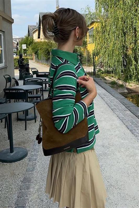 MDX Yeşil Çizgili Düğmeli  Polo Yaka Kadın Uzun Kollu Tişört  MG2574 - Cottbus