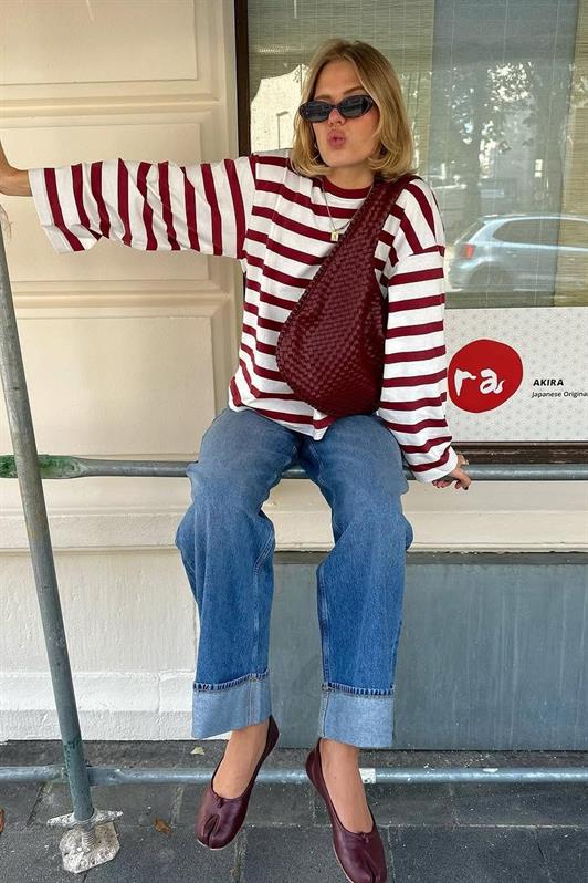 MDX Ekru Çizgili Uzun Kollu Kadın T-shirt MG2571 - Moers