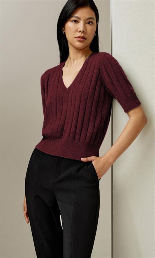 MDX Burgundy V-Neck Knitted Women's Sweater T-Shirt Mg2369 - Seraing