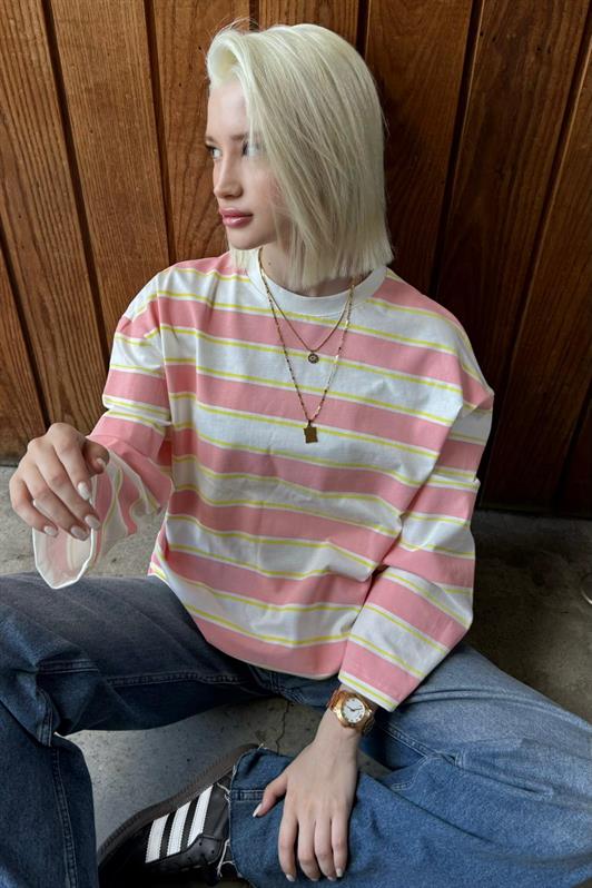 MDX Pink Bicycle Collar Striped Long Sleeve T-Shirt 100% Cotton MG2362 - Lakeland