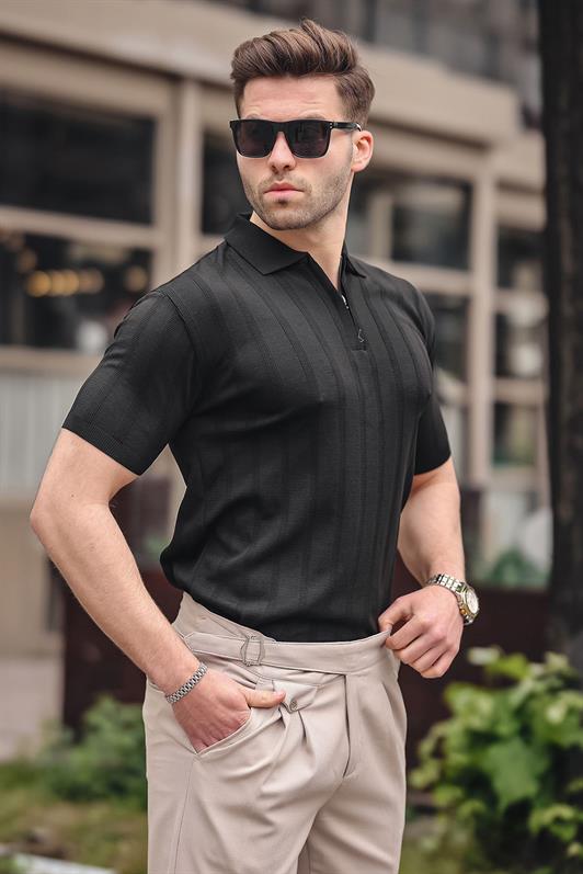 MDX Madmext Men's Black Polo Collar Zippered T-Shirt 6355 - Pombal