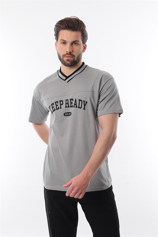 MDX Painted Gray V-Neck Printed Short Sleeve Overfit T-Shirt 7039 - Santurce-Antiguo