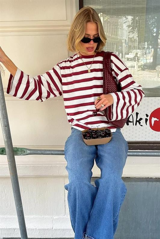 MDX Ekru Çizgili Uzun Kollu Kadın T-shirt MG2571 - Moers