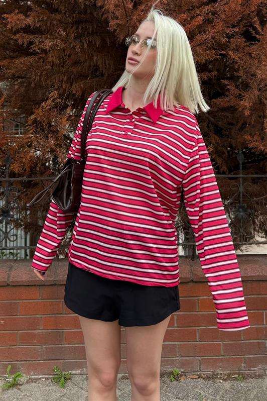 MDX Red Striped Buttoned Polo Neck Women's Long Sleeve T-Shirt MG2574 - Delano