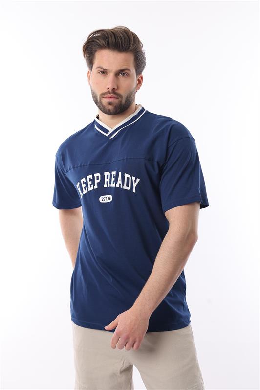 MDX Navy Blue V-Neck Printed Short Sleeve Oversized T-Shirt 7039 - Del Rio