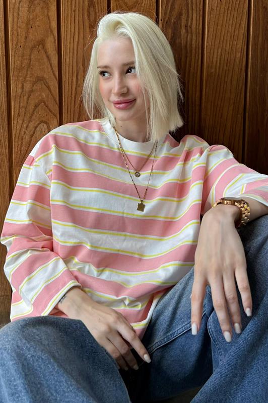 MDX Pink Bicycle Collar Striped Long Sleeve T-Shirt 100% Cotton MG2362 - Lakeland