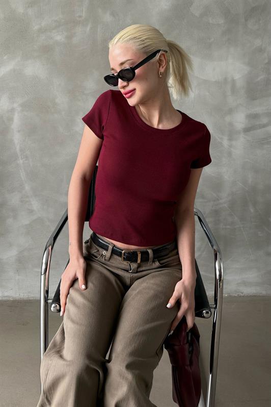 MDX Burgundy Wide Neck Fitted Basic Women's T-shirt Mg2293 - Union