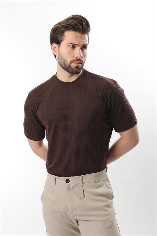 MDX Brown Textured Stripe Design Crew Neck Men's T-shirt E7122 - Mitcham