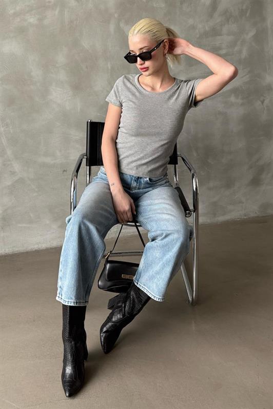 MDX Gray Wide Neck Ribbed Basic Women's T-shirt Mg2293 - Amarante