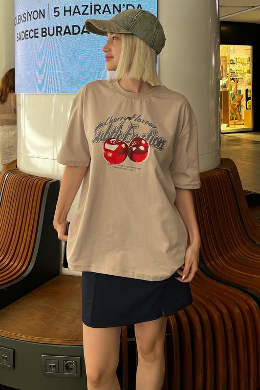 MDX Beige Oversize Cherry Printed Bicycle Collar Short Sleeve T-Shirt MG2131 - Arvada