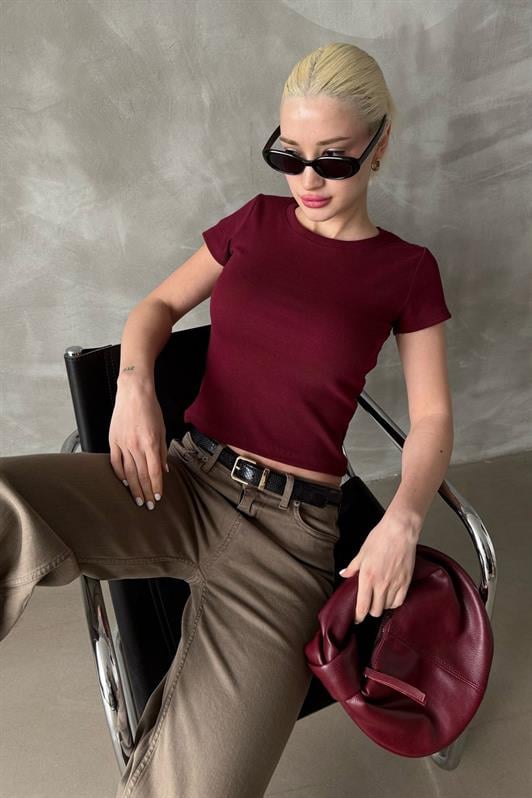 MDX Burgundy Wide Neck Fitted Basic Women's T-shirt Mg2293 - Union