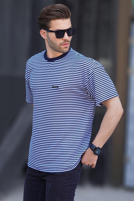 MDX Navy Blue Bicycle Collar Striped Short Sleeve Men's T-shirt with Badge Detail 7031 - Oakton