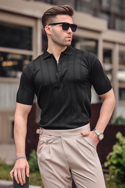 MDX Madmext Men's Black Polo Collar Zippered T-Shirt 6355 - Pombal