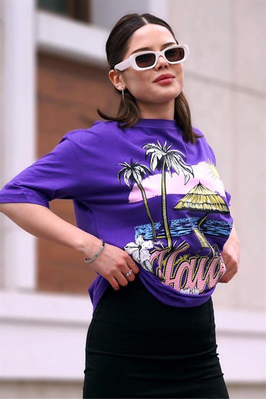 MDX Purple Printed Bicycle Collar Women's T-Shirt MG1765 - Tlalnepantla