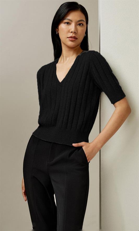 MDX Black V-Neck Knitted Women's Sweater T-Shirt Mg2369 - Clay