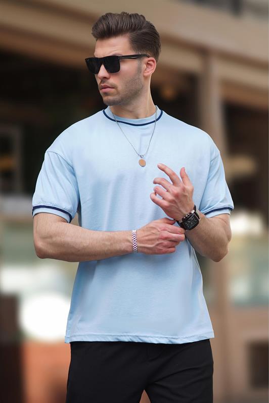 MDX Light Blue Bicycle Collar Sleeve Neck Striped Overfit T-shirt 7024 - Ciudad Victoria