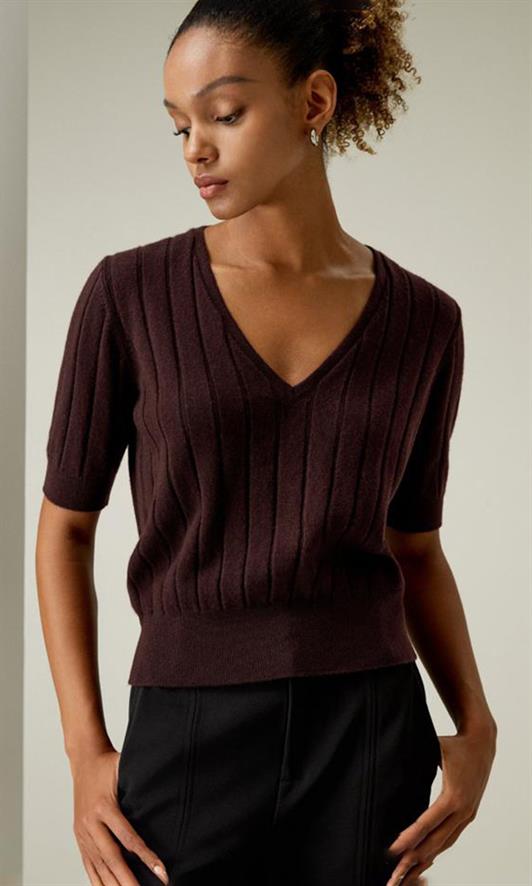 MDX Brown V-Neck Knitted Women's Sweater T-Shirt Mg2369 - Bergisch Gladbach