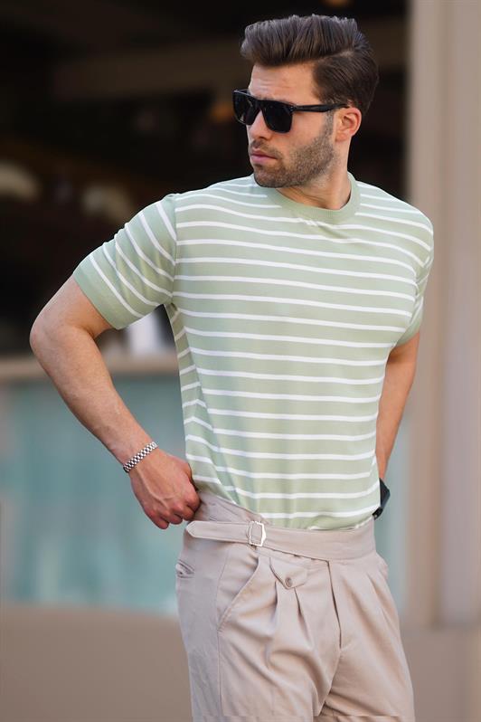 MDX Green Bicycle Collar Striped Short Sleeve Men's T-Shirt 6884 - Iormughanlo