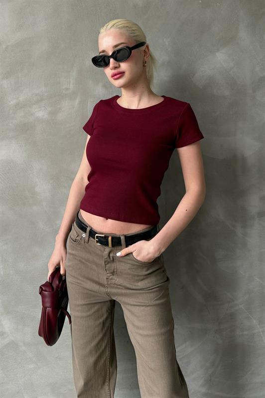 MDX Burgundy Wide Neck Fitted Basic Women's T-shirt Mg2293 - Union