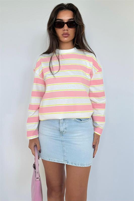 MDX Pink Bicycle Collar Striped Long Sleeve T-Shirt 100% Cotton MG2362 - Lakeland