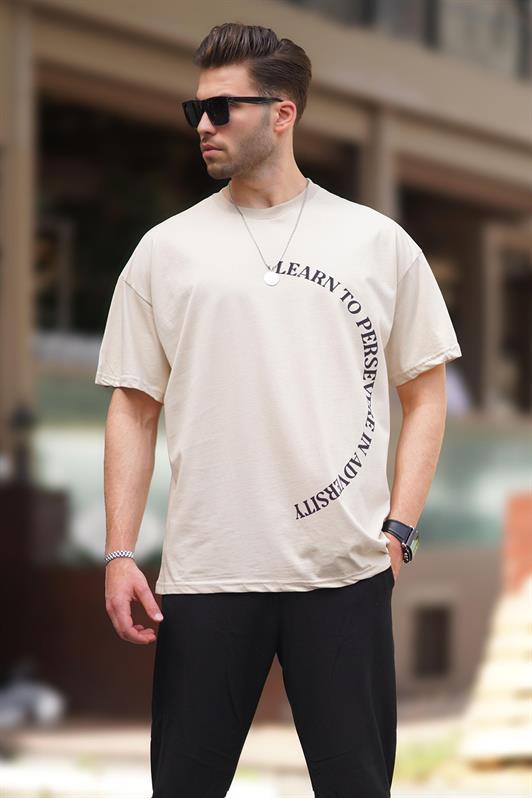 MDX Beige Bicycle Collar Printed Short Sleeve Oversized T-shirt 7040 - Loures