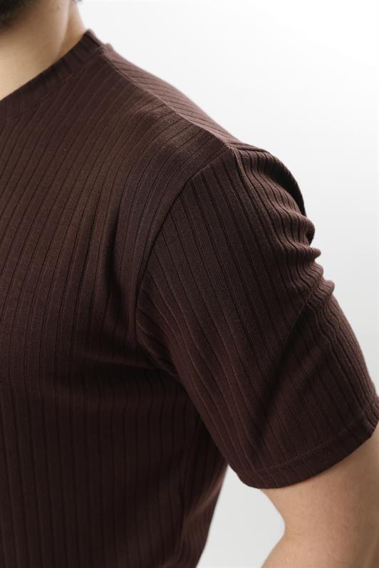 MDX Brown Textured Stripe Design Crew Neck Men's T-shirt E7122 - Mitcham
