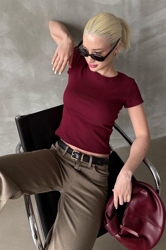 MDX Burgundy Wide Neck Fitted Basic Women's T-shirt Mg2293 - Union