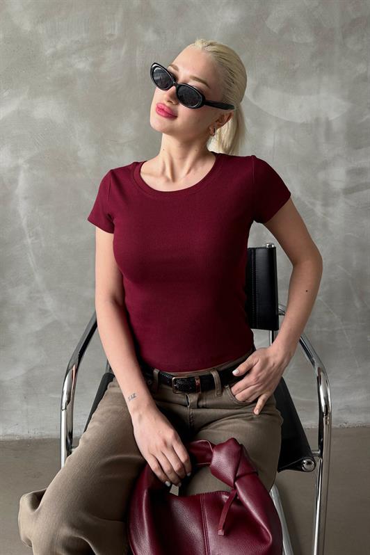 MDX Burgundy Wide Neck Fitted Basic Women's T-shirt Mg2293 - Union