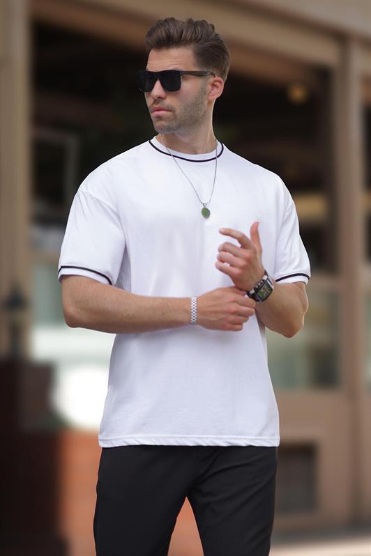 MDX White Bicycle Collar Sleeve Neck Striped Overfit T-shirt 7024 - Gllogovc