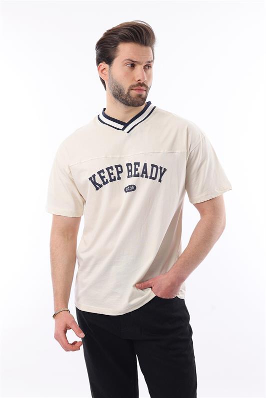 MDX Ecru V-Neck Printed Short Sleeve Oversized T-Shirt 7039 - Clichy