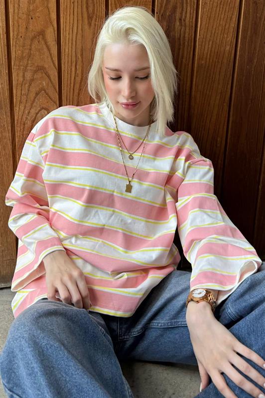 MDX Pink Bicycle Collar Striped Long Sleeve T-Shirt 100% Cotton MG2362 - Lakeland