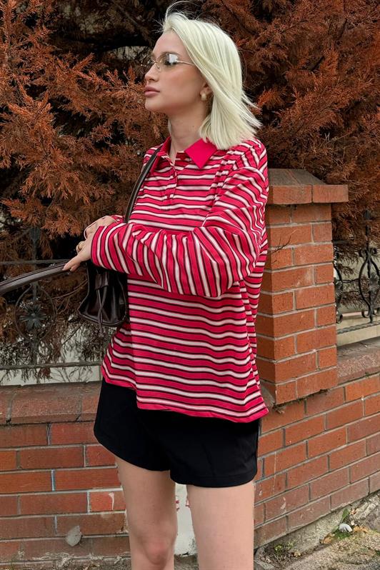 MDX Red Striped Buttoned Polo Neck Women's Long Sleeve T-Shirt MG2574 - Delano