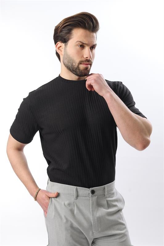 MDX Black Crew Neck Men's T-shirt with Line Design E7122 - Laatzen
