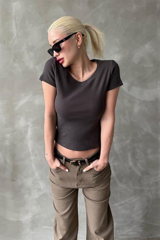 MDX Smoke Wide Collar Ribbed Basic Women's T-shirt Mg2293 - Decatur