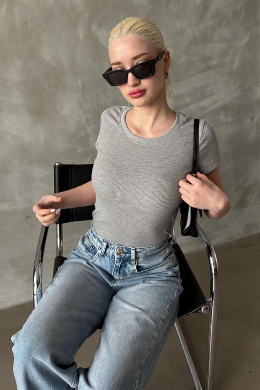 MDX Gray Wide Neck Ribbed Basic Women's T-shirt Mg2293 - Amarante
