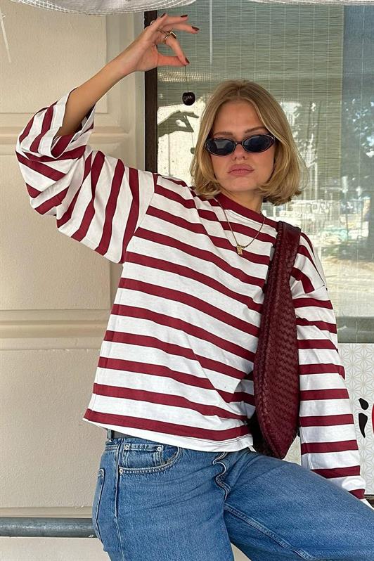 MDX Ekru Çizgili Uzun Kollu Kadın T-shirt MG2571 - Moers