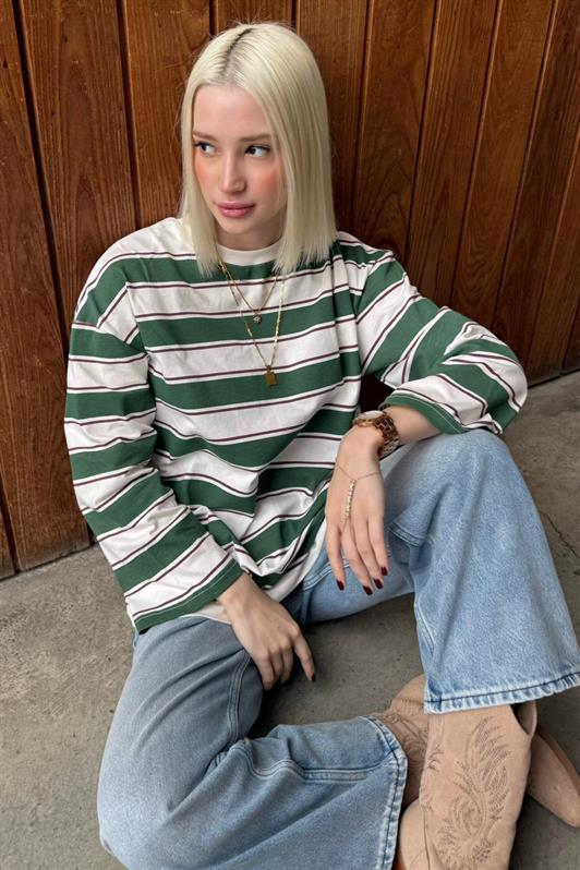 MDX Haki Bicycle Collar 100% Cotton Striped Long Sleeve T-Shirt MG2362 - Pearland