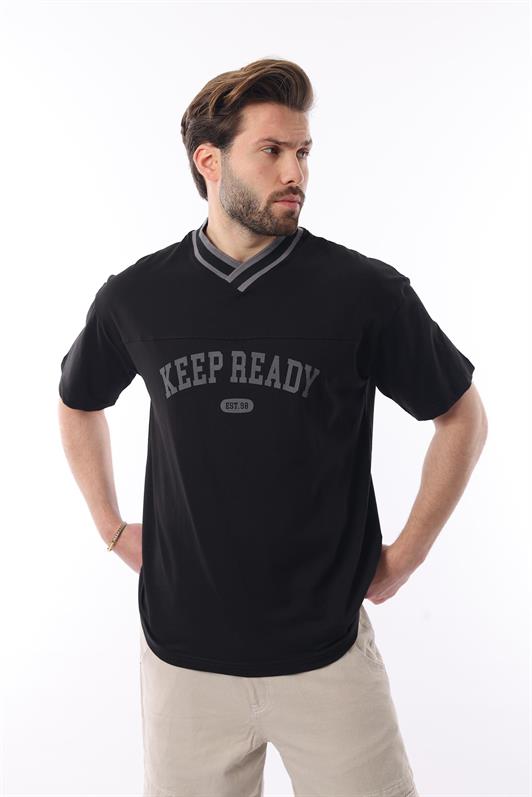 MDX Black V Neck Printed Short Sleeve Oversized T-shirt 7039 - Netishyn