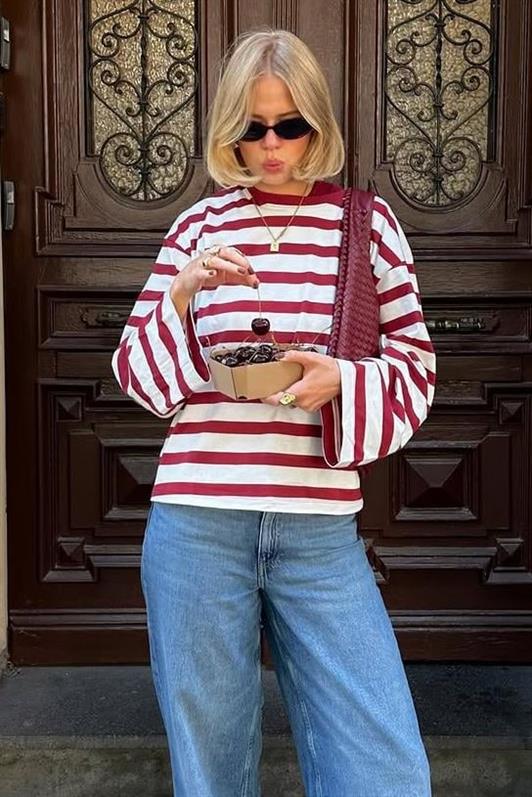 MDX Ekru Çizgili Uzun Kollu Kadın T-shirt MG2571 - Moers