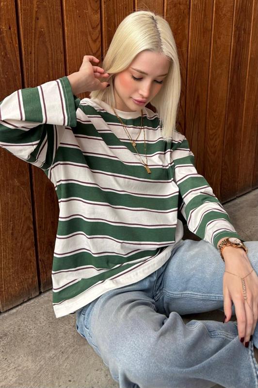MDX Haki Bicycle Collar 100% Cotton Striped Long Sleeve T-Shirt MG2362 - Pearland