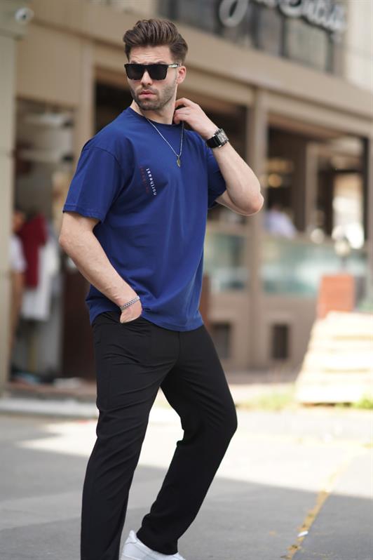 MDX Navy Blue Bicycle Collar Printed Short Sleeve Oversized T-shirt 7036 - Marino
