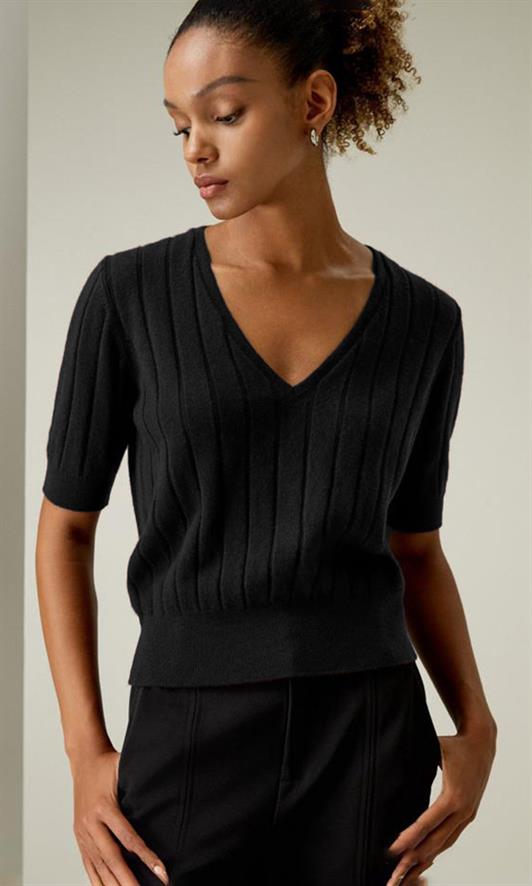 MDX Black V-Neck Knitted Women's Sweater T-Shirt Mg2369 - Clay