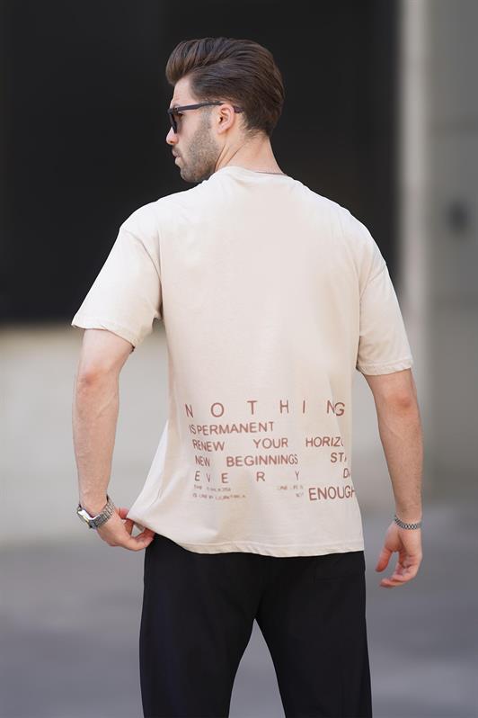 MDX Beige Overfit Bicycle Collar Back Printed Short Sleeve Men's T-Shirt 7037 - Cieza
