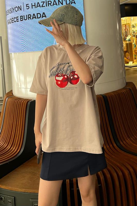 MDX Beige Oversize Cherry Printed Bicycle Collar Short Sleeve T-Shirt MG2131 - Arvada